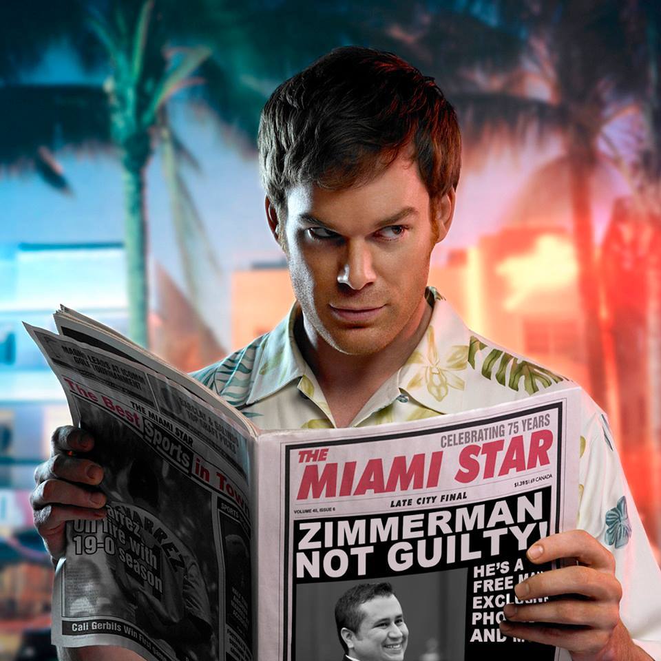 Dexter finds out the Zimmerman verdict.