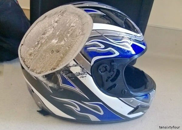 I bet this person was glad they wore a motorcycle helmet.