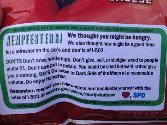 The Seattle Police Department handed out advice and munchies (Doritos) at this year's Hempfest.