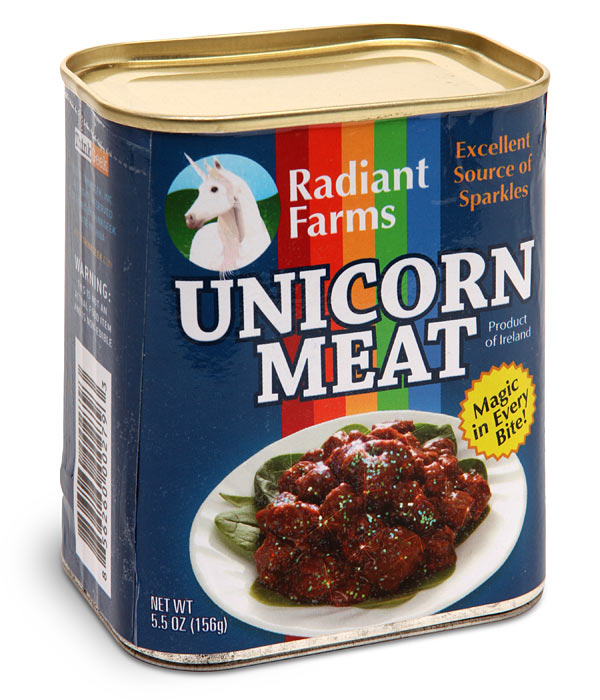 <a href="http://www.anrdoezrs.net/click-6369430-10746449?url=http%3A%2F%2Fwww.thinkgeek.com%2Fproduct%2Fe5a7%2F%3Fref%3Dc&cjsku=8E5A7" target="_blank">
Canned Unicorn Meat </a> $12.99