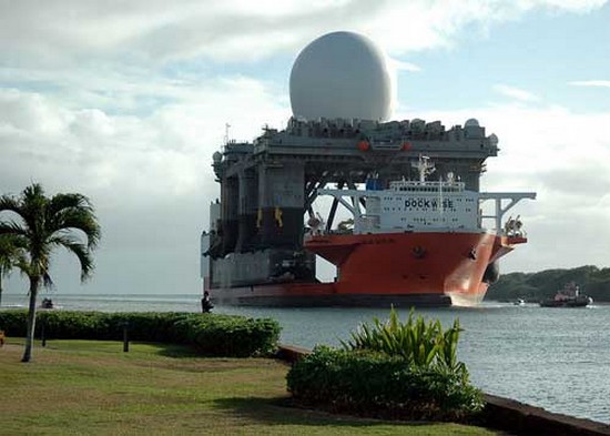 Ground-Based Midcourse Defense GMD Sea based X band radar platform arrives in Pearl Harbor aboard Heavy lift vessel Blue Marlin in January, 2006.