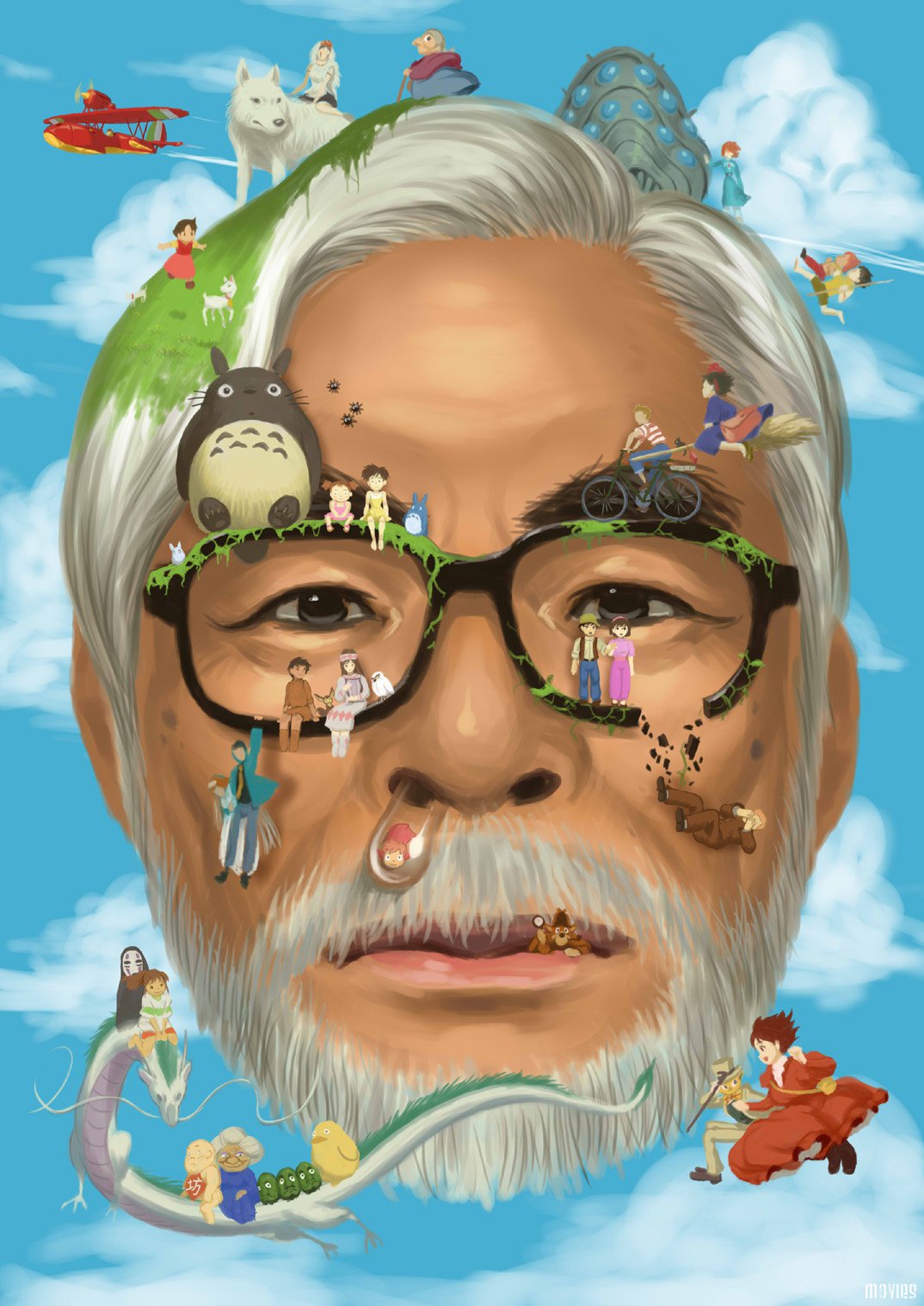 Director Hayao Miazaki and characters from Studio Ghibli films.