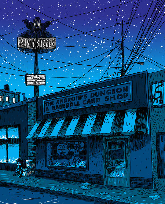 The Simpsons' Springfield illustrated as a deadbeat town.