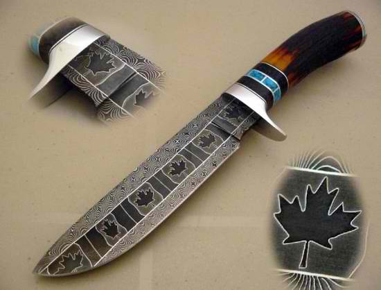 inlay handle with mosaic damascus by Cote Custom Knives. Sure canadians might be lame but who cares. That blade is different layers of forged metal that make a pattern you can see on both sides. most knife makers can't do this.