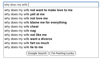 document - why does my wife why does my wife not want to make love to me why does my wife yell at me why does my wife not love me why does my wife blame me for everything why does my wife cheat why does my wife nag why does my wife not me why does my wife