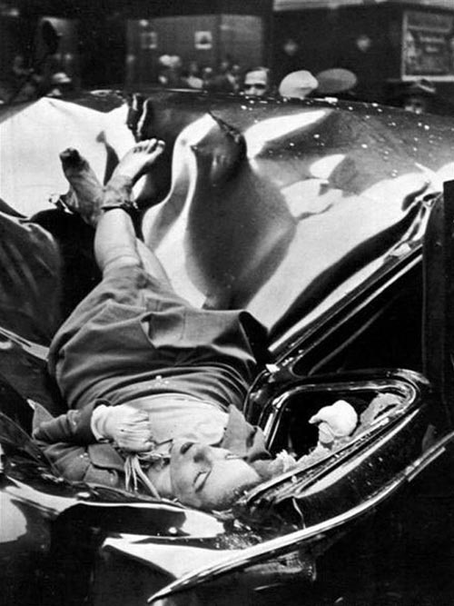 A most beautiful suicide  23 year old Evelyn McHale leapt to her death from an observation deck 83rd floor of the Empire State Building, May 1, 1947. She landed on a United Nations limousine