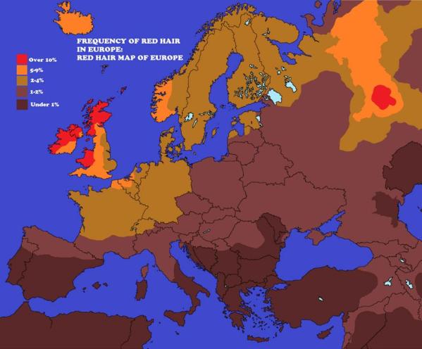 Red Haired People in Europe:The map shows the red haired people in Europe.