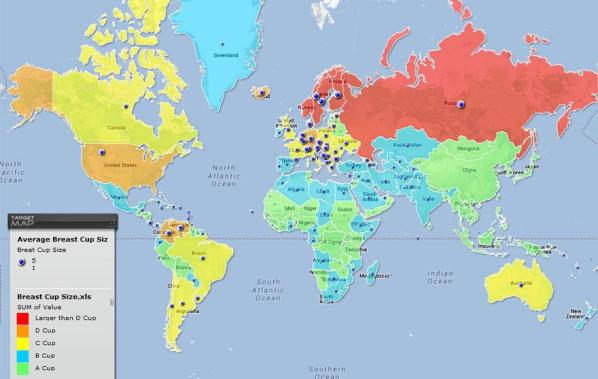 Cup Size Across The World:This map is all about the distribution of breast sizes