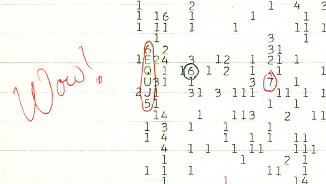 Wow! SignalThe Wow signal is the name given to an extremely powerful narrow-band radio signal detected by SETI in 1977. The signal only appeared once and has yet to be detected a second time. The name comes from when the lead scientist wrote the word Wow followed by and exclamation point next the signals on a computer printout.