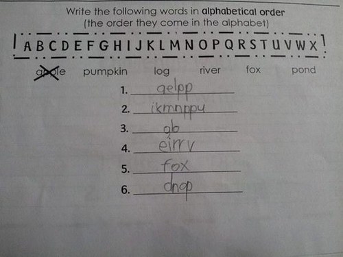 kids homework funny - Write the ing words in alphabetical order the order they come in the alphabet Abcdefghijklmnopqrstuvwx! arole pumpkin fox Tox pond 2. 3. 4. log river gelop ikmppy ab eirry 6. drop