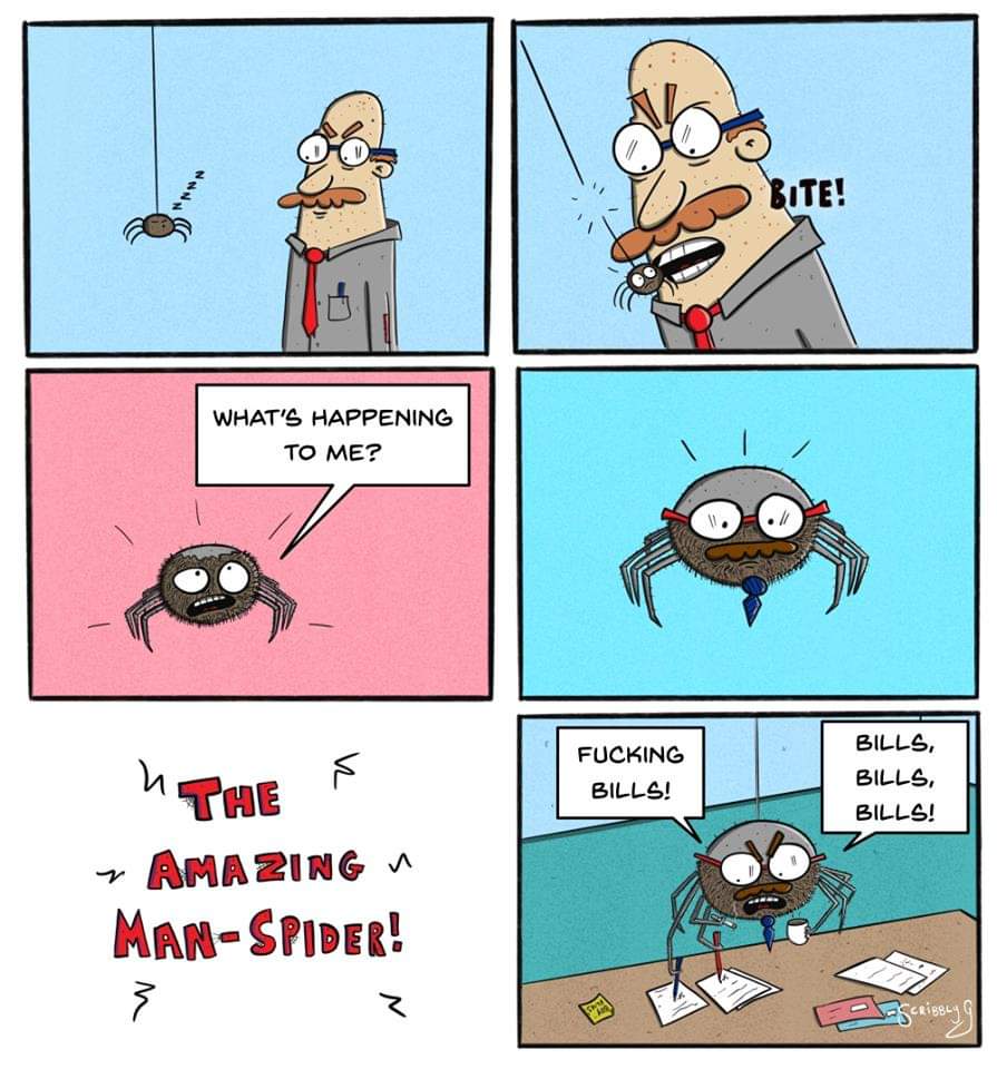 Funny meme - man spider bills - Bite! What'S Happening To Me? Fucking Bills! Bills, Bills, Bills! N The Amazing ~ ManSpider!