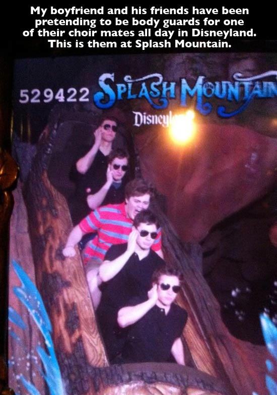 splash mountain poses - My boyfriend and his friends have been pretending to be body guards for one of their choir mates all day in Disneyland. This is them at Splash Mountain. 529422 Splash Mountar Disney