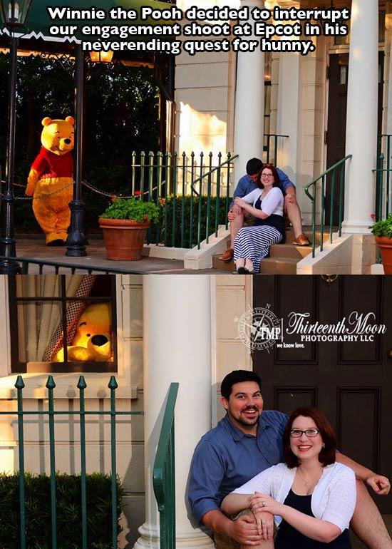 funny disney park - Winnie the Pooh decided to interrupt Az our engagement shoot at Epcot in his neverending quest for hunny Thirteenth Moon Il Photography Llc we know love.