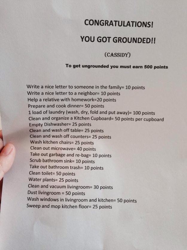 congrats you got grounded - Congratulations! You Got Grounded!! Cassidy To get ungrounded you must earn 500 points Write a nice letter to someone in the family 10 points Write a nice letter to a neighbor 10 points Help a relative with homework20 points Pr