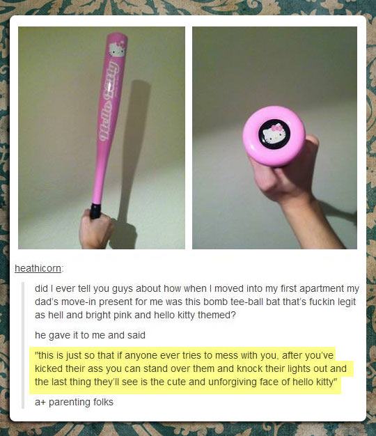 hello kitty bat meme - An heathicorn did I ever tell you guys about how when I moved into my first apartment my dad's movein present for me was this bomb teeball bat that's fuckin legit as hell and bright pink and hello kitty themed? he gave it to me and 