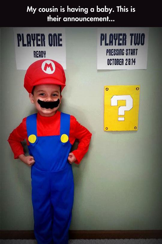 baby announcement mario - My cousin is having a baby. This is their announcement... Player One Ready Player Two Pressing Start