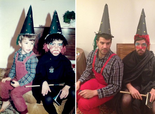 funny pictures of two brothers when young and then again as adults dressed as witches for Halloween