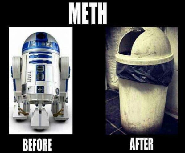 funny pictures of R2D2 and trash can before and after meth