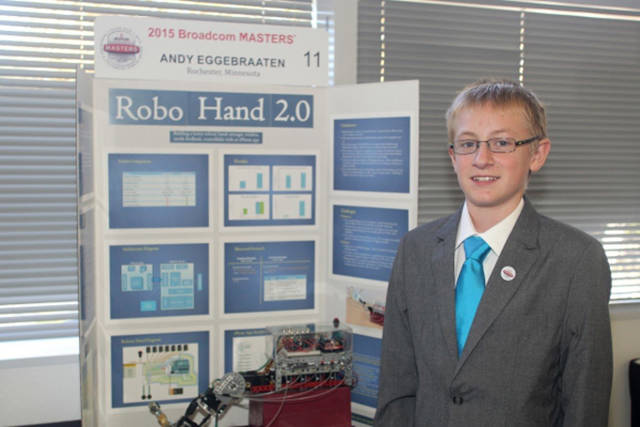 Andrew Eggebraaten (14)

Andrew designed a sophisticated robot hand that can perform 58 different tasks, and it responds to voice commands. It can also change how hard it squeezes an object.