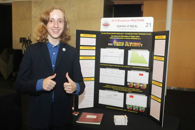 Isaiah O’Neal (14)

Isaiah grows Venus flytraps outside his front door. He learned last year that the plants snap their traps faster for certain types of food, and this year his project was aimed to figure out why. He found that the response from the plant all depends on which individual hair is triggered.