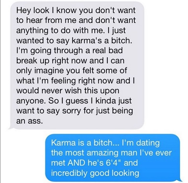 roast your ex - Hey look I know you don't want to hear from me and don't want anything to do with me. I just wanted to say karma's a bitch. I'm going through a real bad break up right now and I can only imagine you felt some of what I'm feeling right now 