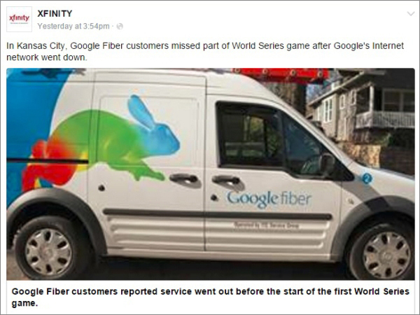 During the first game of the World Series in Kansas City, Comcast tried to bash Google Fiber on Facebook for services being spotty. Facebook users immediately flooded the post with comments defending Google Fiber. It was quickly removed, but one glorious human saved a screenshot and uploaded it to Imgur. Google quickly apologized for the outage, reaching out to customers and offering them an automatic credit for two days of service on their next bill.