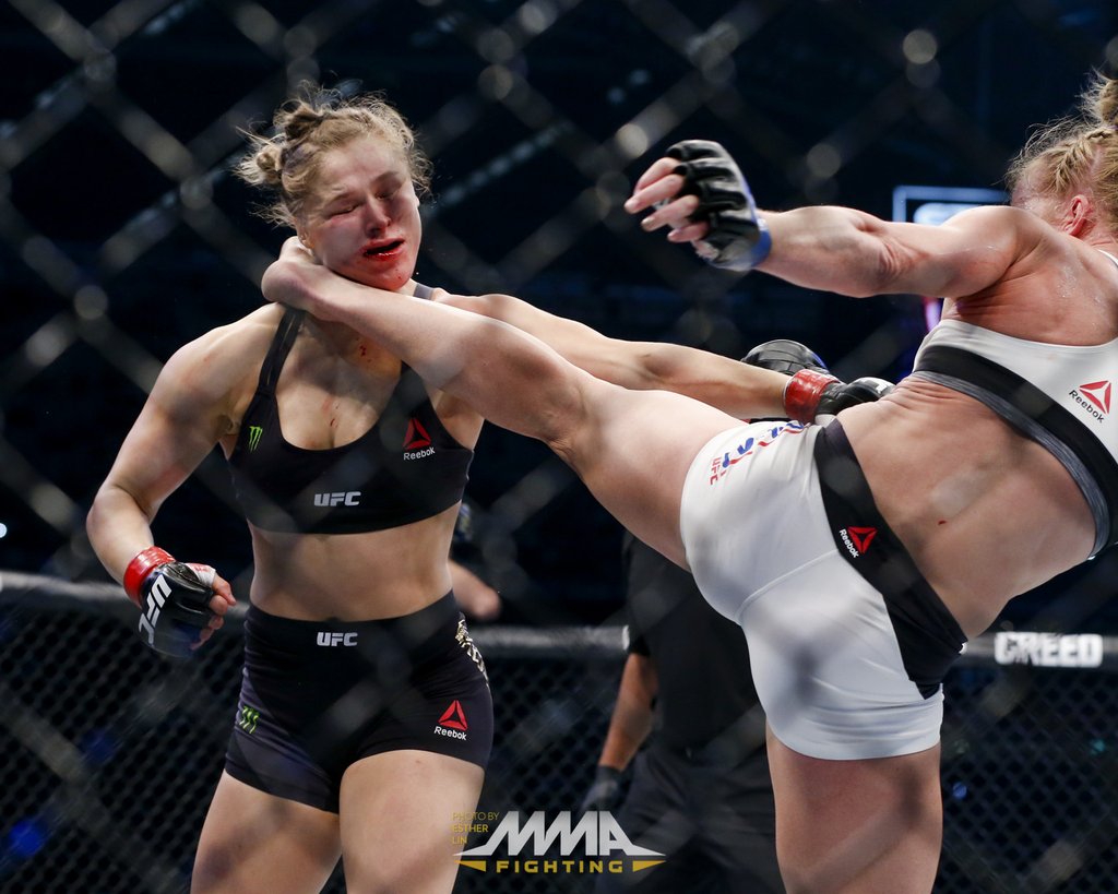 Holly Holm lands headkicks on Ronda Rousey, photo taken by Esther Lin