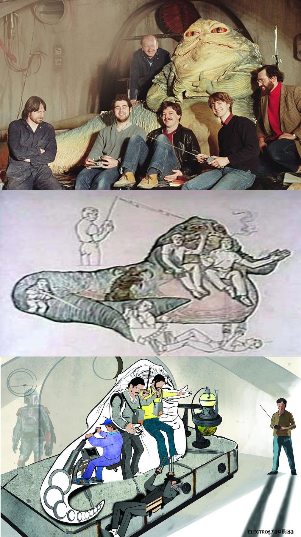 The puppeteers who brought Jabba the Hutt to life in ROTJ and two diagrams of how they did it