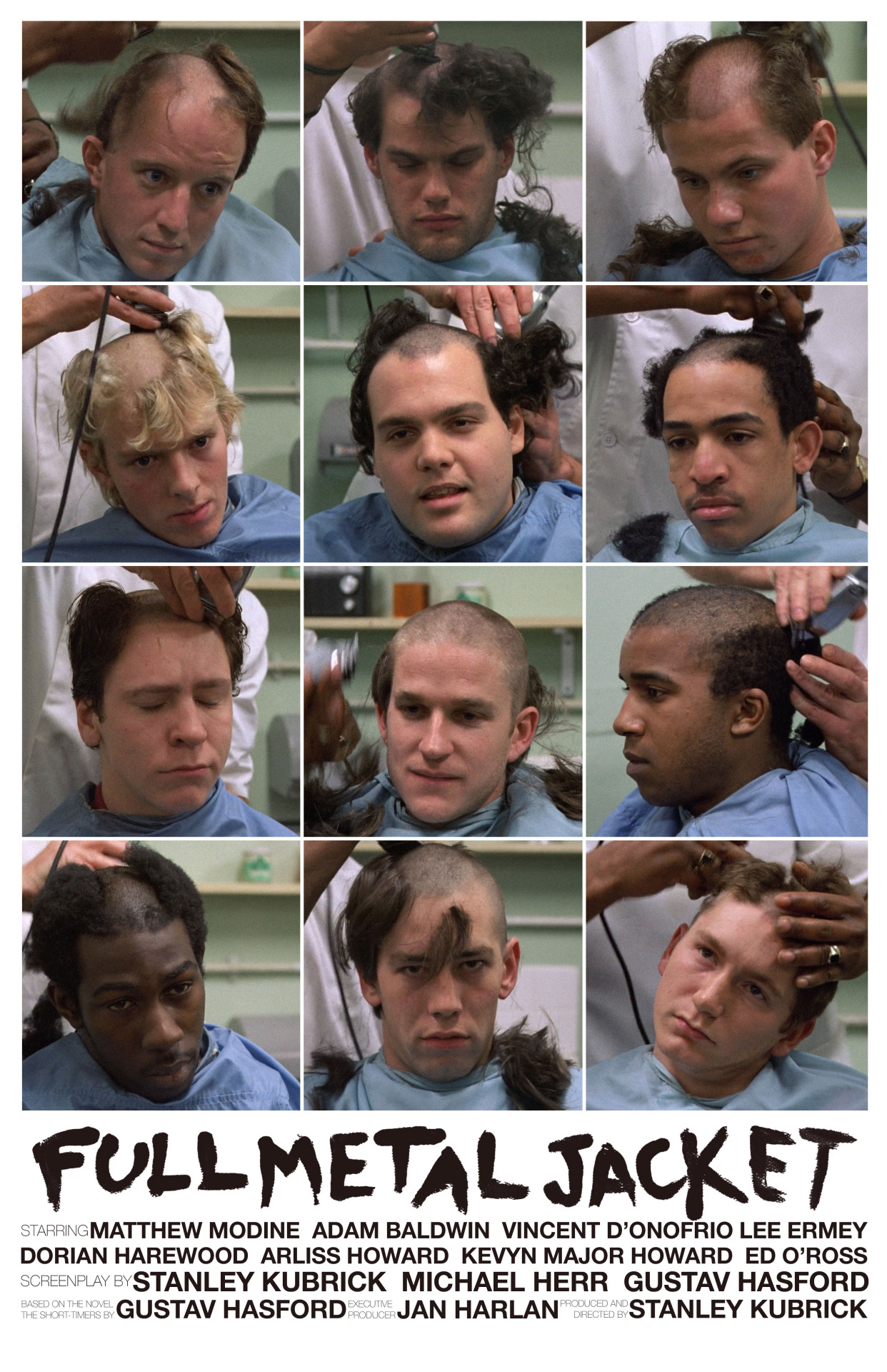 “Full Metal Jacket” poster showing all the main characters getting their boot camp buzz cut