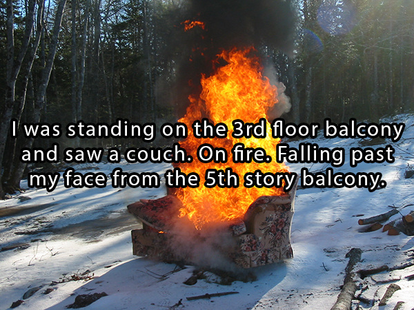 polar bears on fire - I was standing on the 3rd floor balcony and saw a couch. On fire. Falling past my face from the 5th story balcony.