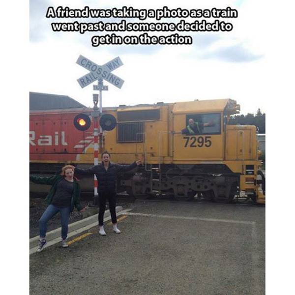 train engineer funny - Afriend was taking a photo asa train went past and someone decided to get in on the action Crossing Rall Lail 7295