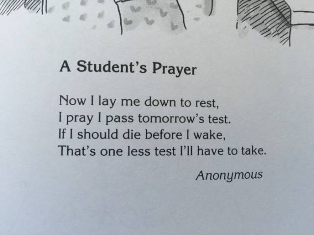 random pic of students prayer - A Student's Prayer Now I lay me down to rest, I pray I pass tomorrow's test. If I should die before I wake, That's one less test I'll have to take. Anonymous