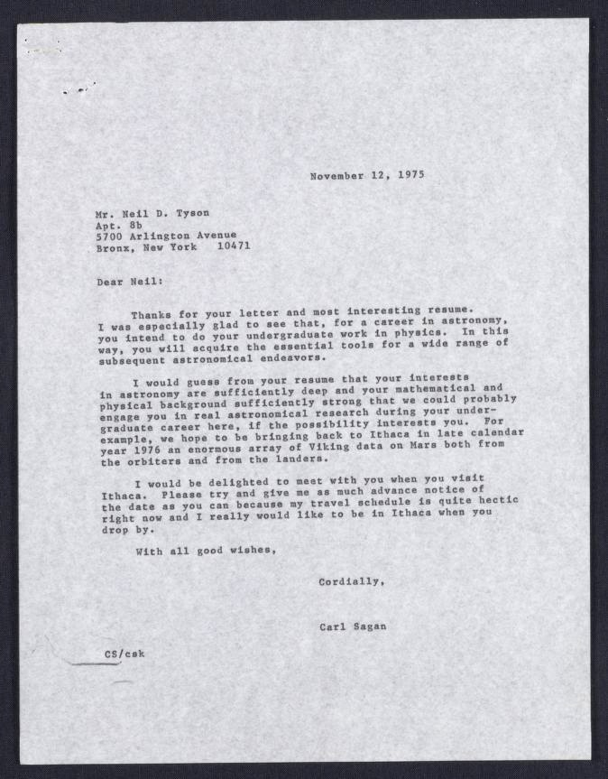 1975 letter from Carl Sagan to high school student Neil DeGrasse Tyson