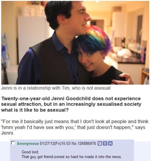 friendzoned so hard - Jenni is in a relationship with Tim, who is not asexual Twentyoneyearold Jenni Goodchild does not experience sexual attraction, but in an increasingly sexualised society what is it to be asexual? "For me it basically just means that 