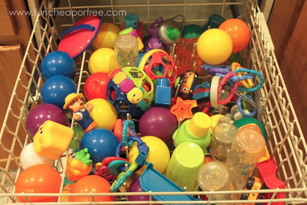 Clean toys the easy way by putting them into the dishwasher.