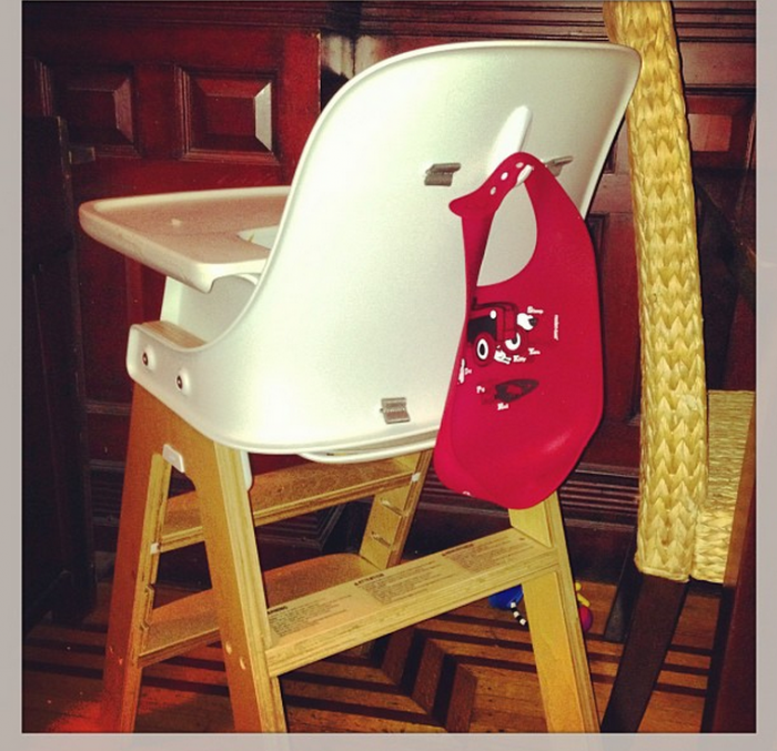 Put a command hook on the back of your baby's high chair so you never misplace a bib again.