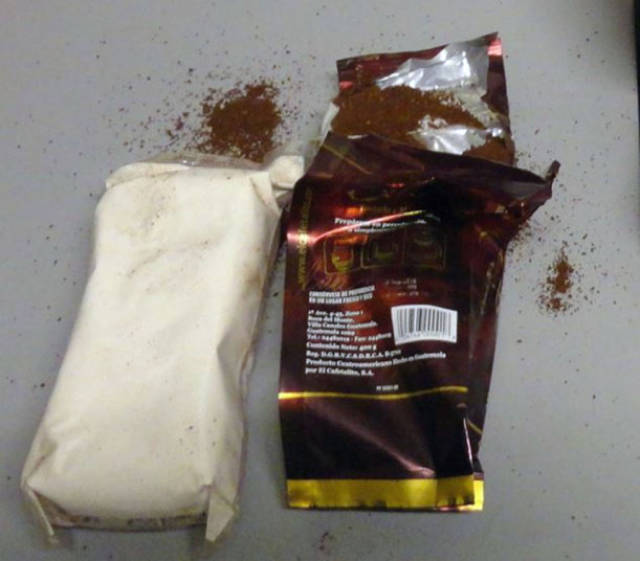 A packet of cocaine hidden in a bag of ground coffee in Miami. Three bags of roasted, ground coffee arriving at Miami International Airport in a package from Guatemala in October were actually filled with more than 3 pounds of heroin, customs officials said. Customs officials said they noticed anomalies during an X-ray and felt that the weight of the three bags was different from that of others in the shipment.