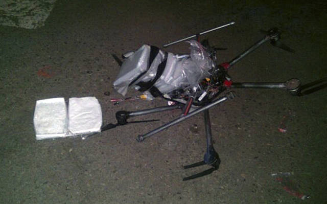 Police in the Mexican border city of Tijuana said a small unmanned aerial vehicle overloaded with methamphetamine had crashed into a supermaket car park. It was spotted about two miles from the San Ysidro crossing with California by an anonymous caller. Officers said they recovered six packets of the drug, weighing more than six pounds, which were taped to the six-rotor remote controlled aircraft.