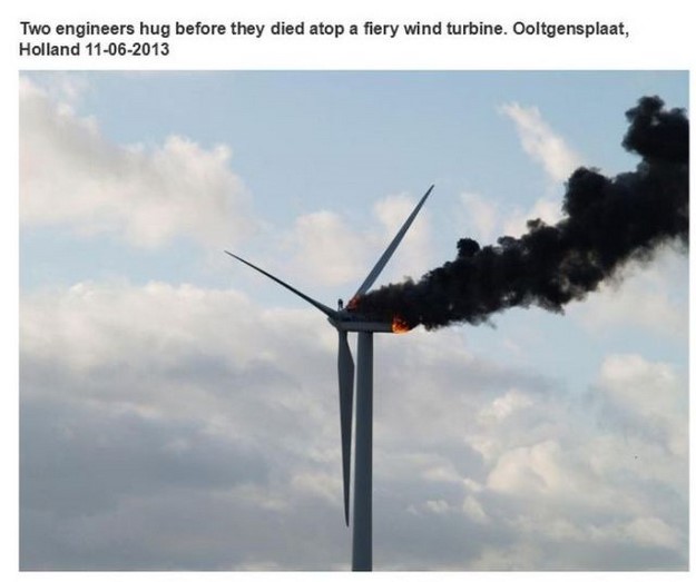 wind turbine fire - Two engineers hug before they died atop a fiery wind turbine. Ooltgensplaat, Holland 11062013