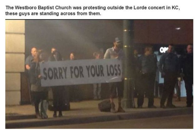 presentation - The Westboro Baptist Church was protesting outside the Lorde concert in Kc, these guys are standing across from them. Sorry For Your Loss