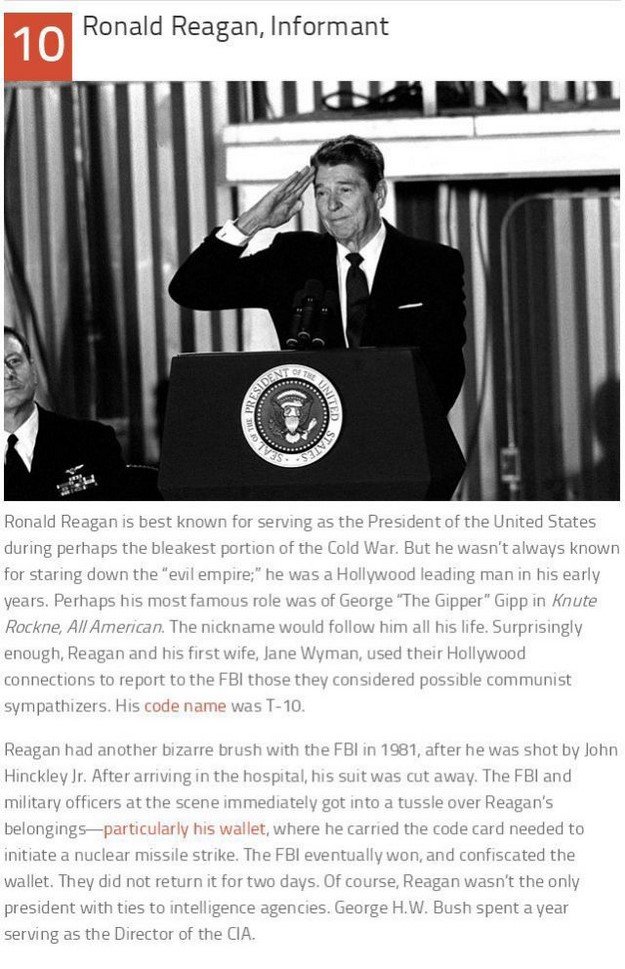 president reagan - 10 Ronald Reagan, Informant Linnud United Ronald Reagan is best known for serving as the President of the United States during perhaps the bleakest portion of the Cold War. But he wasn't always known for staring down the "evil empire;" 