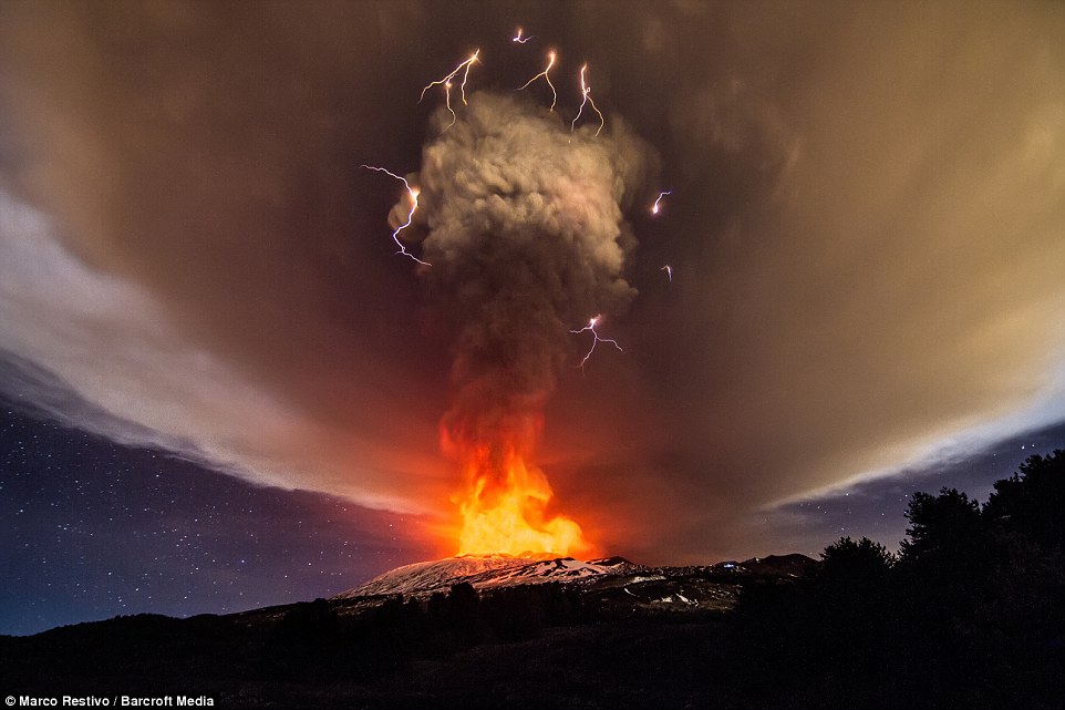 Volcanic eruption at Mt. Etna’s Vorgaine crater in Sicily: