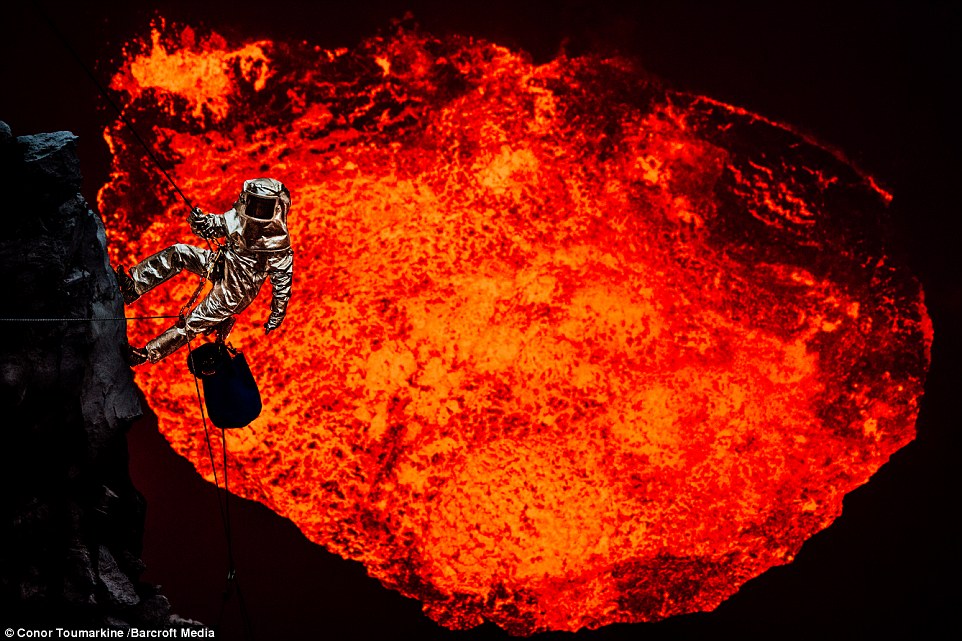 Adventurer, Sam Cossman, dons a custom proximity heat suit as he abseils down a huge lava lake in Vanuatu: