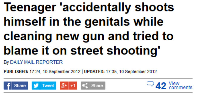 organization - Teenager 'accidentally shoots himself in the genitals while cleaning new gun and tried to blame it on street shooting' By Daily Mail Reporter Published , Updated , f. Tweet & 1 View