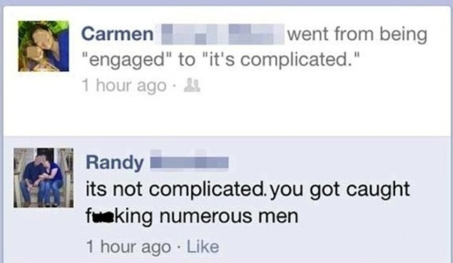 withering comeback - Carmen went from being "engaged" to "it's complicated." 1 hour ago Randy its not complicated. you got caught fucking numerous men 1 hour ago