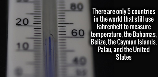 number - Bo There are only 5 countries in the world that still use Fahrenheit to measure temperature, the Bahamas, Belize, the Cayman Islands, Palau, and the United States