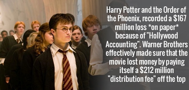 harry potter in order of the phoenix - Harry Potter and the Order of the Phoenix, recorded a $167 million loss on paper because of "Hollywood Accounting". Warner Brothers effectively made sure that the movie lost money by paying itself a $212 million "dis