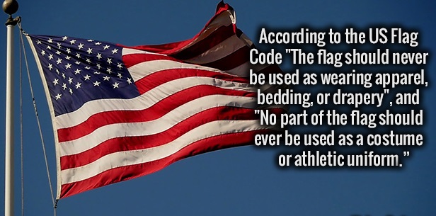 flag of the united states - According to the Us Flag Code "The flag should never be used as wearing apparel, bedding, or drapery", and "No part of the flag should ever be used as a costume or athletic uniform."