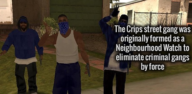 community - The Crips street gang was originally formed as a Neighbourhood Watch to eliminate criminal gangs by force