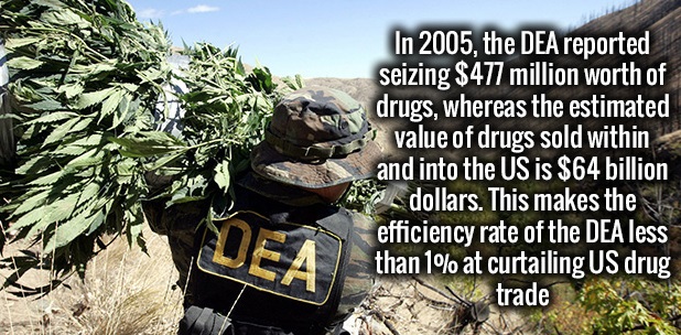 dea marijuana - In 2005, the Dea reported seizing $477 million worth of drugs, whereas the estimated value of drugs sold within and into the Us is $64 billion dollars. This makes the efficiency rate of the Dea less _than 1% at curtailing Us drug trade